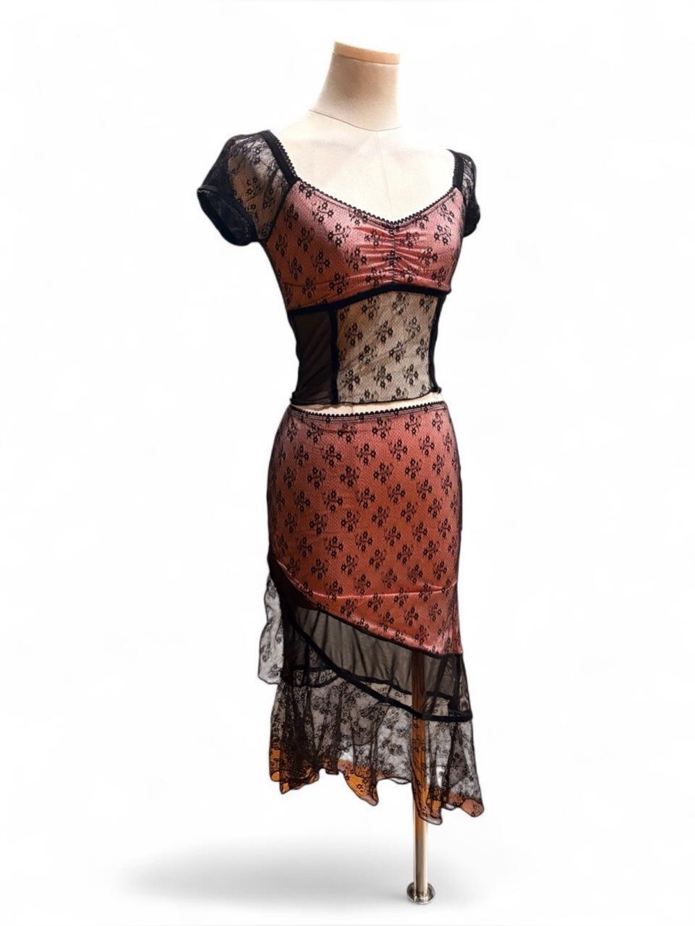 Delia's By Dolls Kill Foreign Affair Floral Lace Overlay Midi Skirt Set Pink XXS